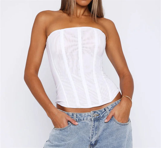 Sexy Slim Vest French High Street Elegant Backless Tank Top Summer Vintage Corset EGirl Solid Color Strapless Tube Top