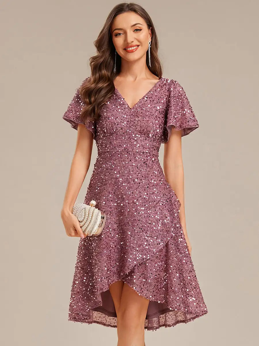 Evening Dress Short Sleeve Ruffle Sequin Deep V-Neck High-Low Ever Pretty of Burgundy Formal Dresses