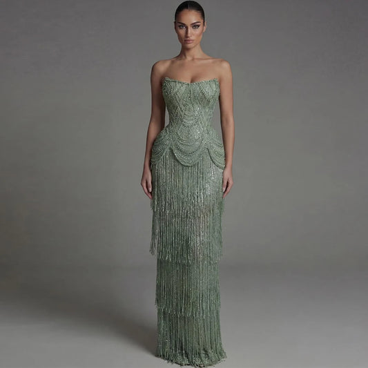 Luxury Tassel and Beading Celebrity Gowns Elegant Strapless Sleeveless Customized Evening Dress Sparkly Sequined Prom Dresses