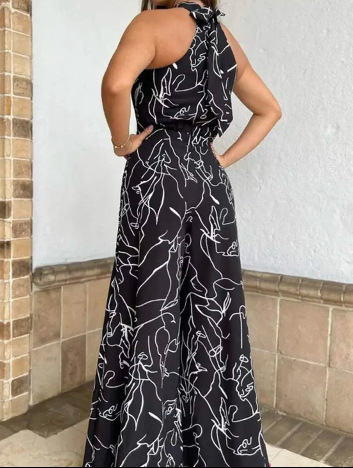 Summer Women's Elegant Waist Halter Jumpsuit Tie Sleeveless Wide Leg Long Pant Bodycon Abstract Print Streetwear Romper