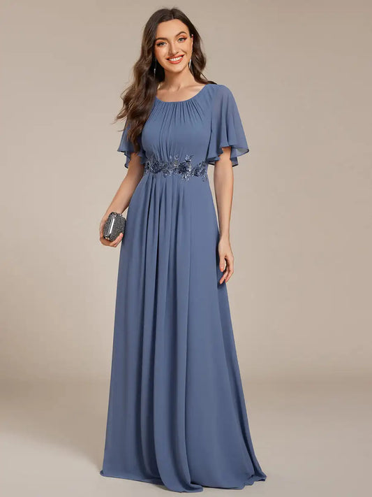Elegant Evening Dresses Short Sleeves Pleated Applique Floor-Length Ever Pretty of A-Line Dusty Navy Bridesmaid Dress