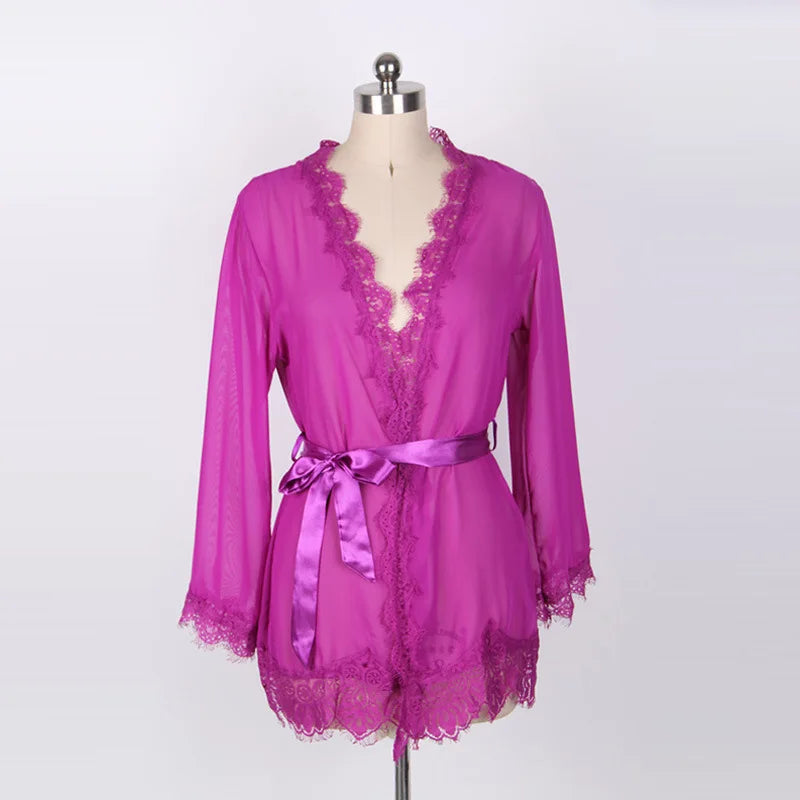 Women's Sheer Lace Kimono Robe, Long Sleeve V-Neck Belted Soft Bridal Wedding Lingerie Nightwear Multi-color