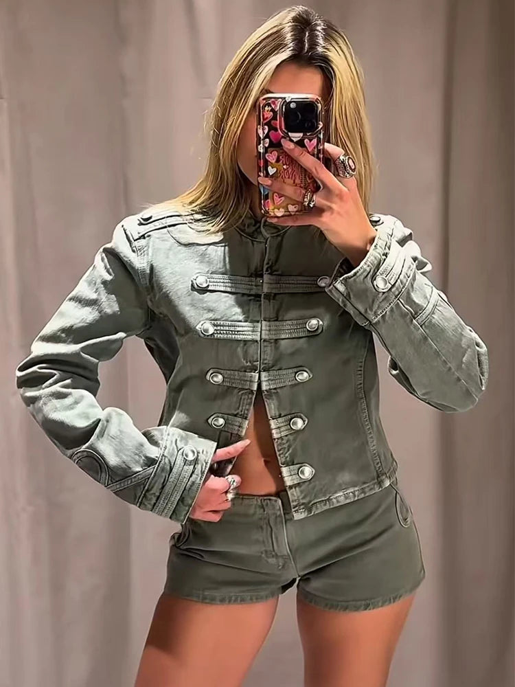 Women Casual Denim Jacket Coat 2026 Spring Autumn Long Sleeve Stand Collar Short Coat Female Button Decor Crop Top