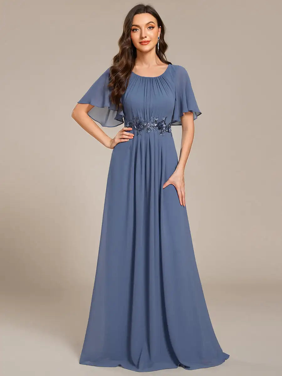 Elegant Evening Dresses Short Sleeves Pleated Applique Floor-Length Ever Pretty of A-Line Dusty Navy Bridesmaid Dress