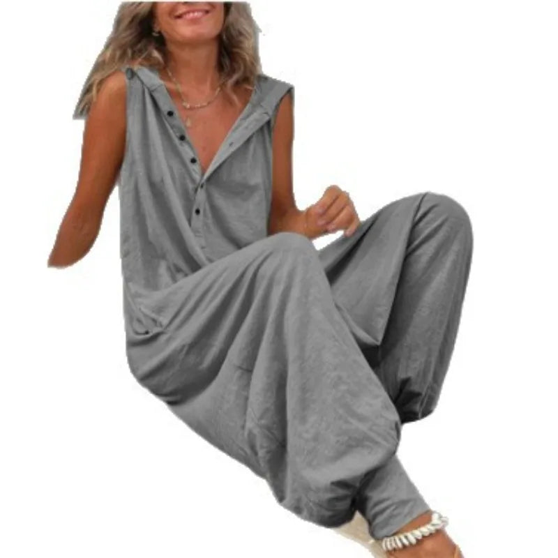 Hot Sale Women Solid Hooded Jumpsuit Button Sleeveless Loose Baggy Long Pants Romper