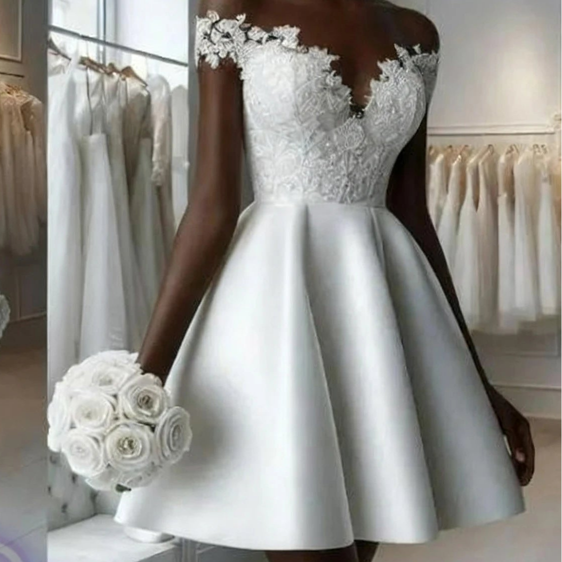 White Satin Evening Dress Women Lace Knee Length Off Shoulder Bridal Formal Long Ball Gowns Trend Pageant Dress
