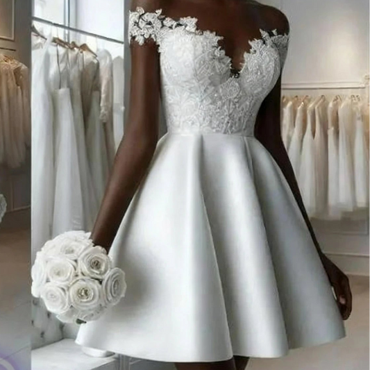 White Satin Evening Dress Women Lace Knee Length Off Shoulder Bridal Formal Long Ball Gowns Trend Pageant Dress