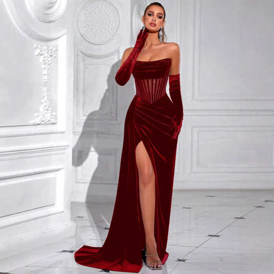 Elegant Korean Velvet Long Dress Sexy Fishbone Sash Strapless Evening Gown High End Adult Women's Fashion Summer 2025
