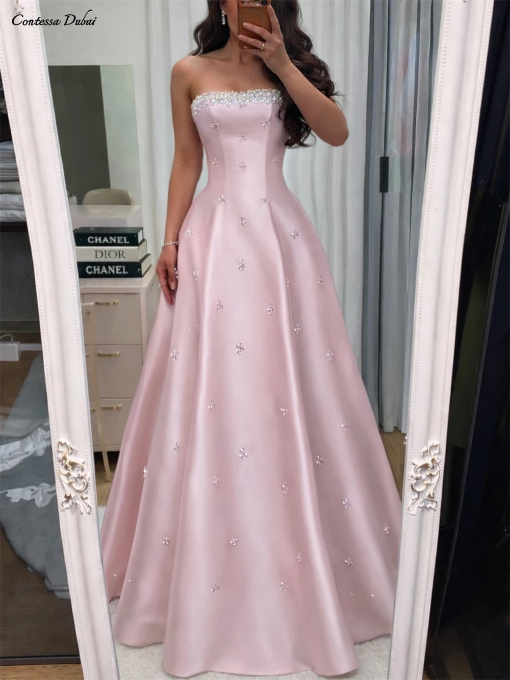 Strapless Crystal Beaded Neckline Luxury Evening Dress French Robes De Soirée Floor Length A Line Ball Gown