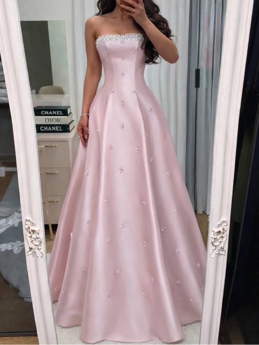 Strapless Crystal Beaded Neckline Luxury Evening Dress French Robes De Soirée Floor Length A Line Ball Gown