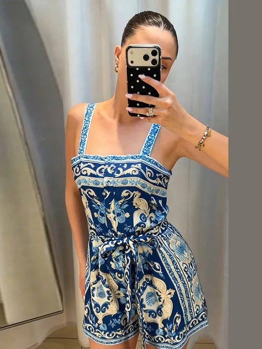 Print Sling Shorts Jumpsuits Women Square Lace Up High Waist Wide Legs Jumpsuit Female 2026 Summer New Chic Vacation Streetwears