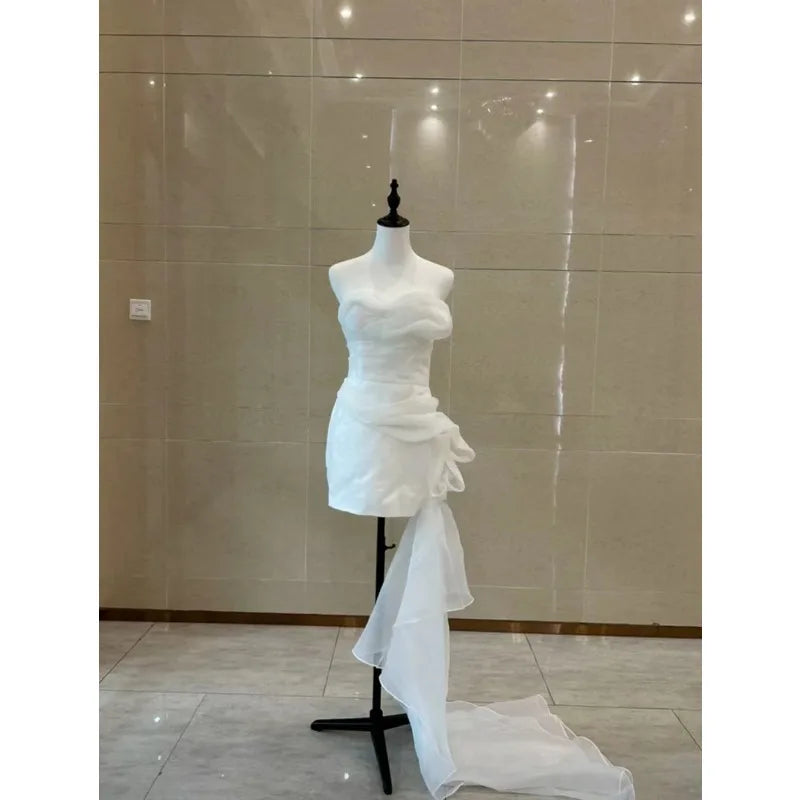 Korean Style Short Light Wedding Dress Strapless White Sexy Pure Desire Birthday Party Dress Bride Wedding