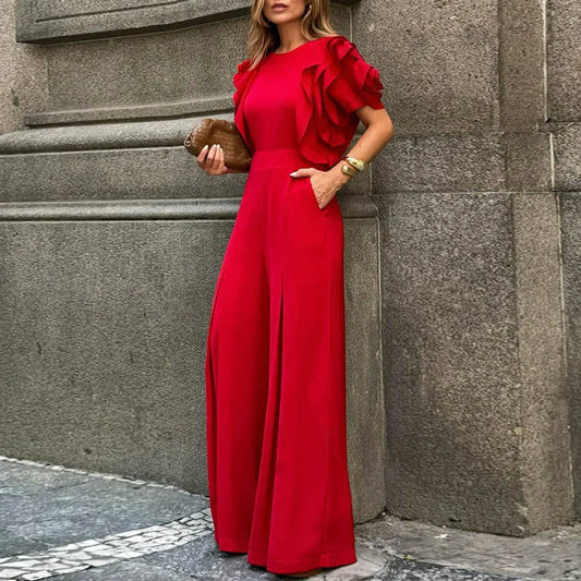 Red Romper Jumpsuit Woman 2025 New Summer Falbala Short Sleeves Wide Leg Jumpsuits Woman Elegant Party Formal Clothes