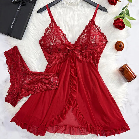 Woman Underwear Nightgown Thong Sets Plus Size Suspender Lace Lingerie Sexy Accessories Erotic Bra Nightdress lencería