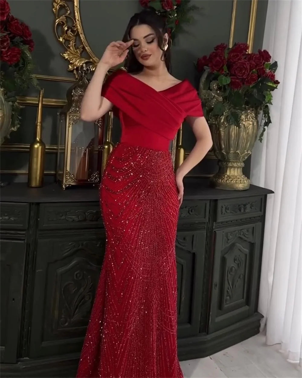 Red Mermaid Prom Dresses Beaded Off the Shoulde vestidos de noche Floor-Length Formal Evening 2025