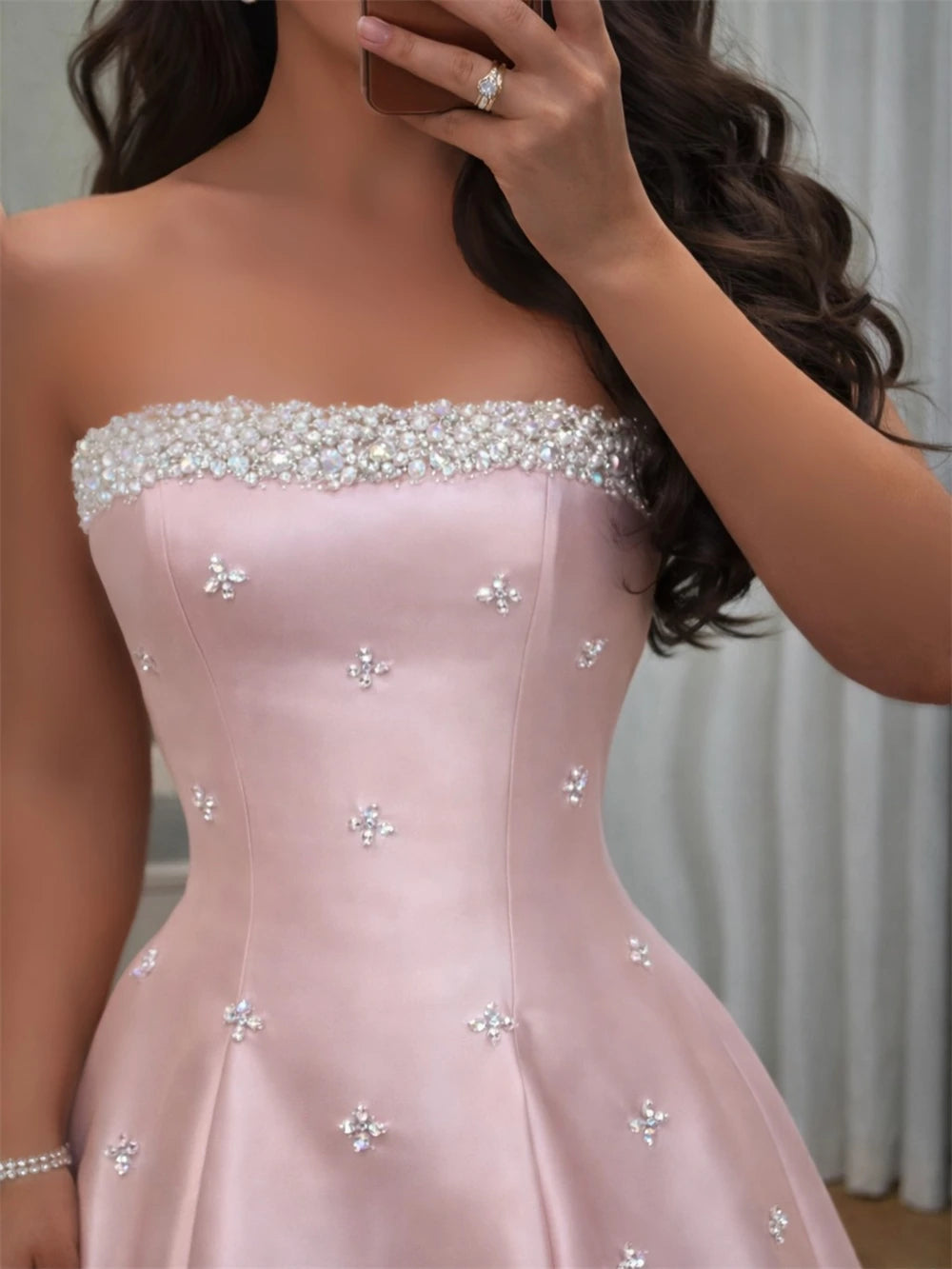 Strapless Crystal Beaded Neckline Luxury Evening Dress French Robes De Soirée Floor Length A Line Ball Gown