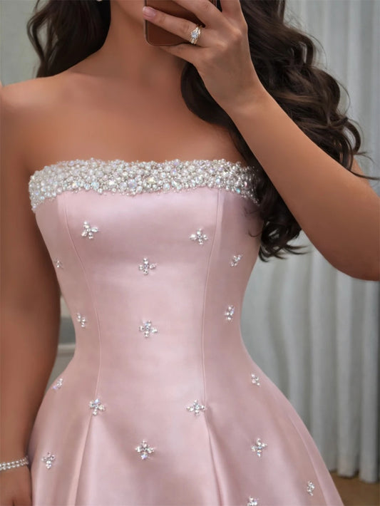 Strapless Crystal Beaded Neckline Luxury Evening Dress French Robes De Soirée Floor Length A Line Ball Gown