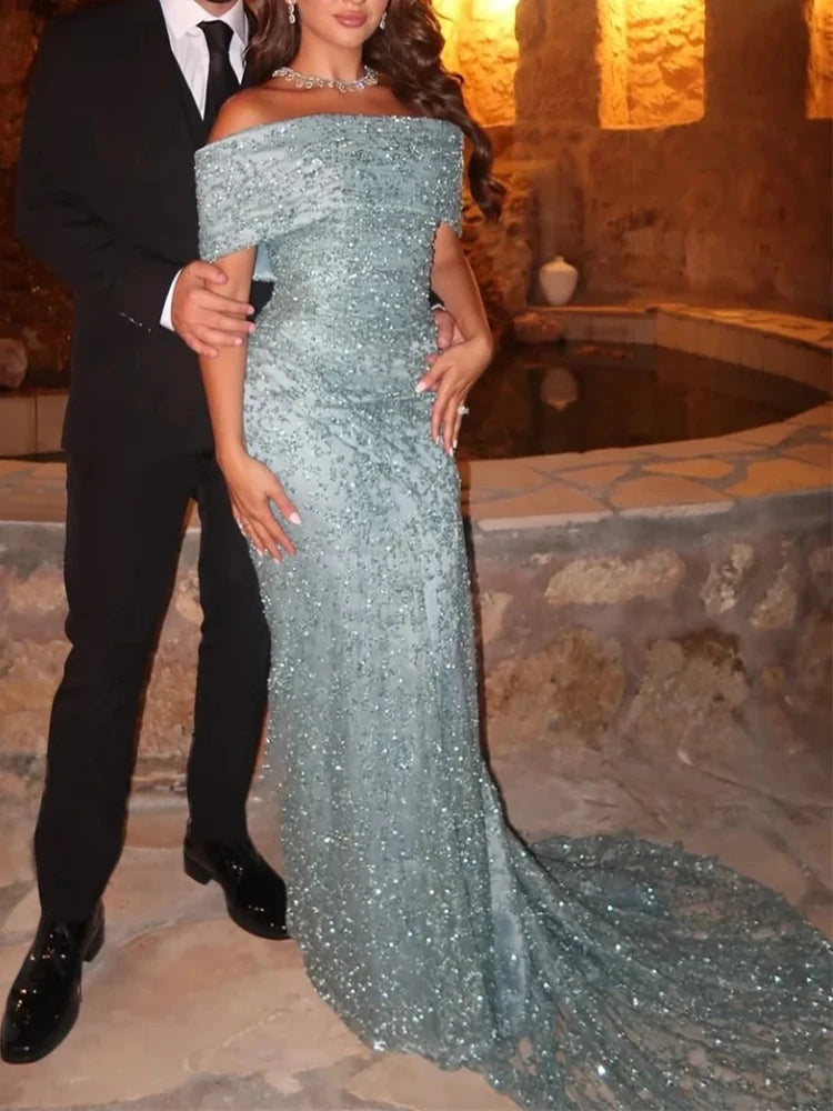 Sexy Off Shoulder Sequins Evening Dresses Elegant Backless Celebrity Dress Exquisite High Quality Prom Party Gowns