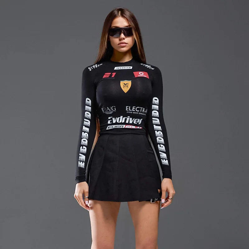 Women's Summer American Street Trendy Motorcycle Style Letter Printed Top Women's Round Neck Hoodie Slimming Fashion Tops