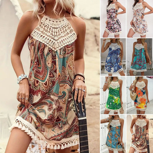 Vintage Paisley Print Halter Mini Dress, Lace Fringe Patchwork Bohemian Vacation Dress