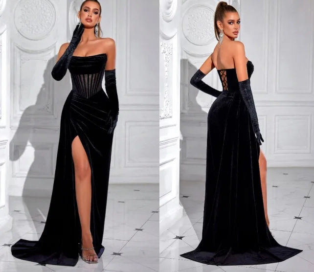 Elegant Korean Velvet Long Dress Sexy Fishbone Sash Strapless Evening Gown High End Adult Women's Fashion Summer 2025