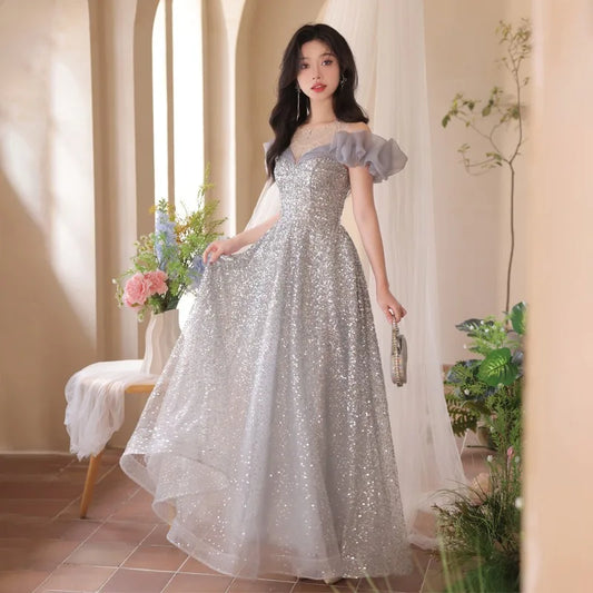 2026 Spring/Summer New Women's Sexy Glitter One Shoulder Banquet Evening Dress Fashionable Look Thin Long Back Strap Dress
