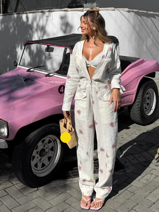 Women's Jumpsuit V-Neck Zipper Long-Sleeved Waist Cinching Pocket Rompers Chic Spring Summer Daily Ladies Wear
