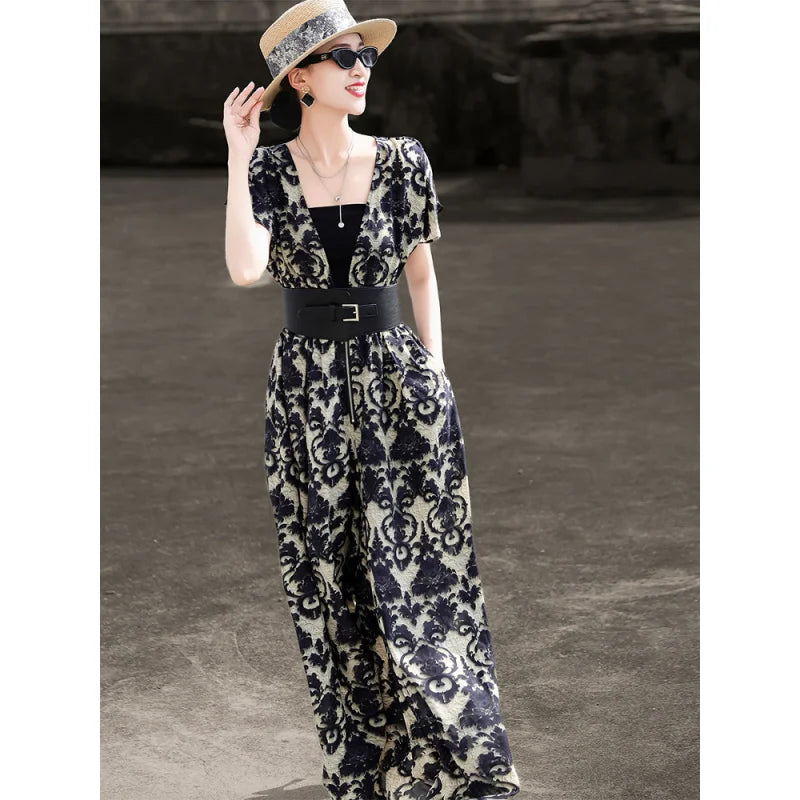 2026 New Summer Commuter V Neck Puff Short Sleeve Wide Buckle Belt High Waist Ink Print Flowy Wide Leg Jumpsuit