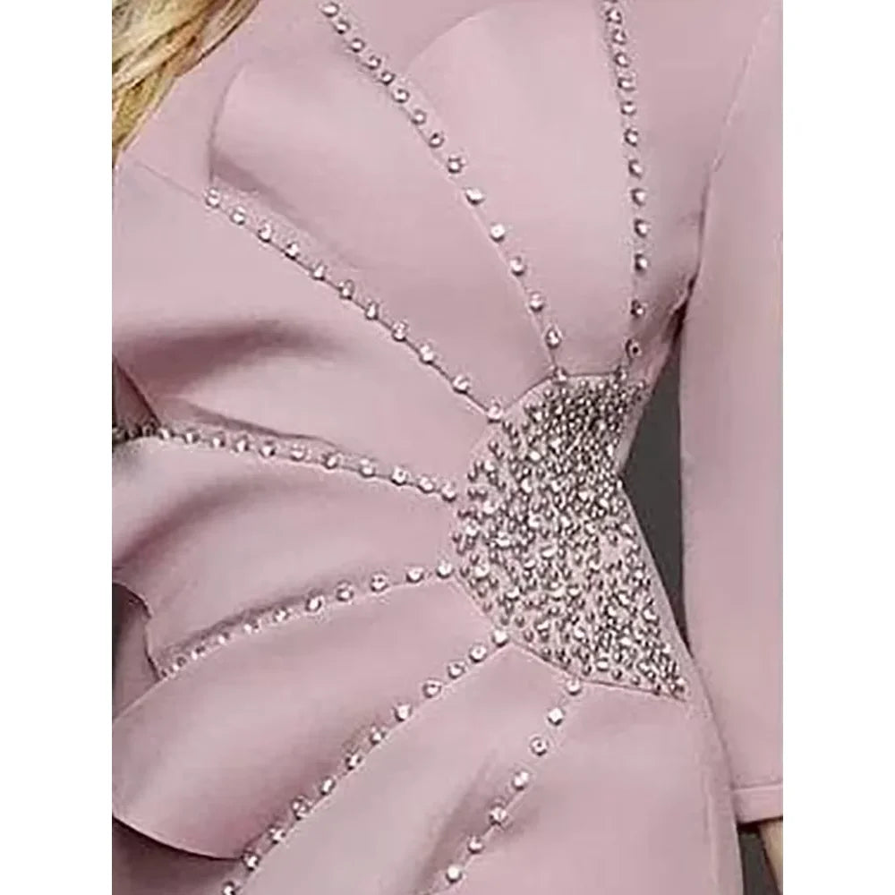 Women's Beads Evening Dresses O-Neck Tea-Length Straight Elegant Prom Party Gala Special Events Wedding