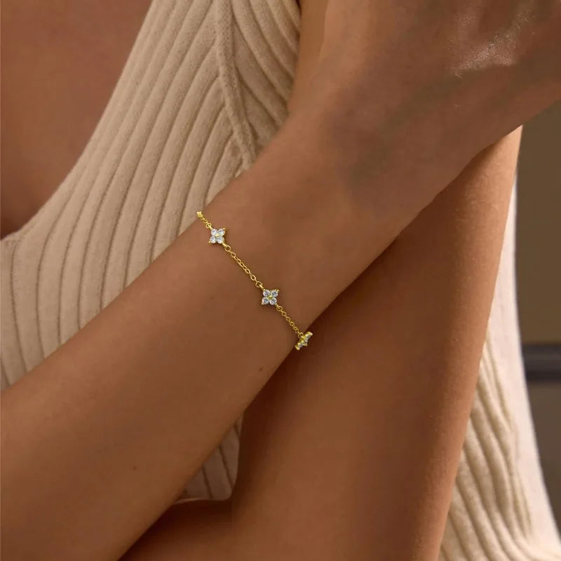 Silver Plated Cz Four-leaf Flower Bracelet for Women Girl Cute Dainty Adjustable Link Chain Bracelet Trend 18k Gold