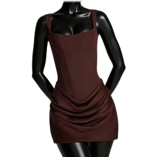 French Style Strap Bodycon Mini Gown Women's Ruched Short Dress Sexy Bandage Corset Summer Party Evening Fashion