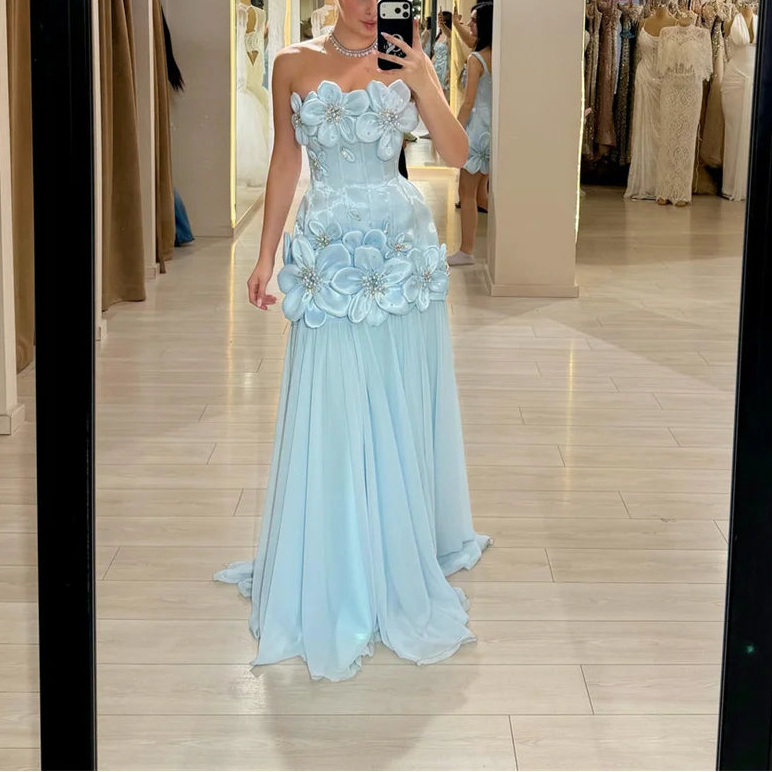 Sky Blue Flower Sleeveless Fishtail Elegant Night Dresses for Luxury Party Evening Dresses for a Wedding