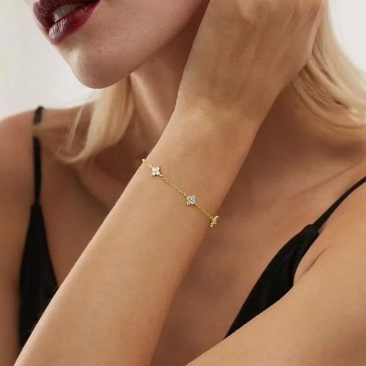 Silver Plated Cz Four-leaf Flower Bracelet for Women Girl Cute Dainty Adjustable Link Chain Bracelet Trend 18k Gold