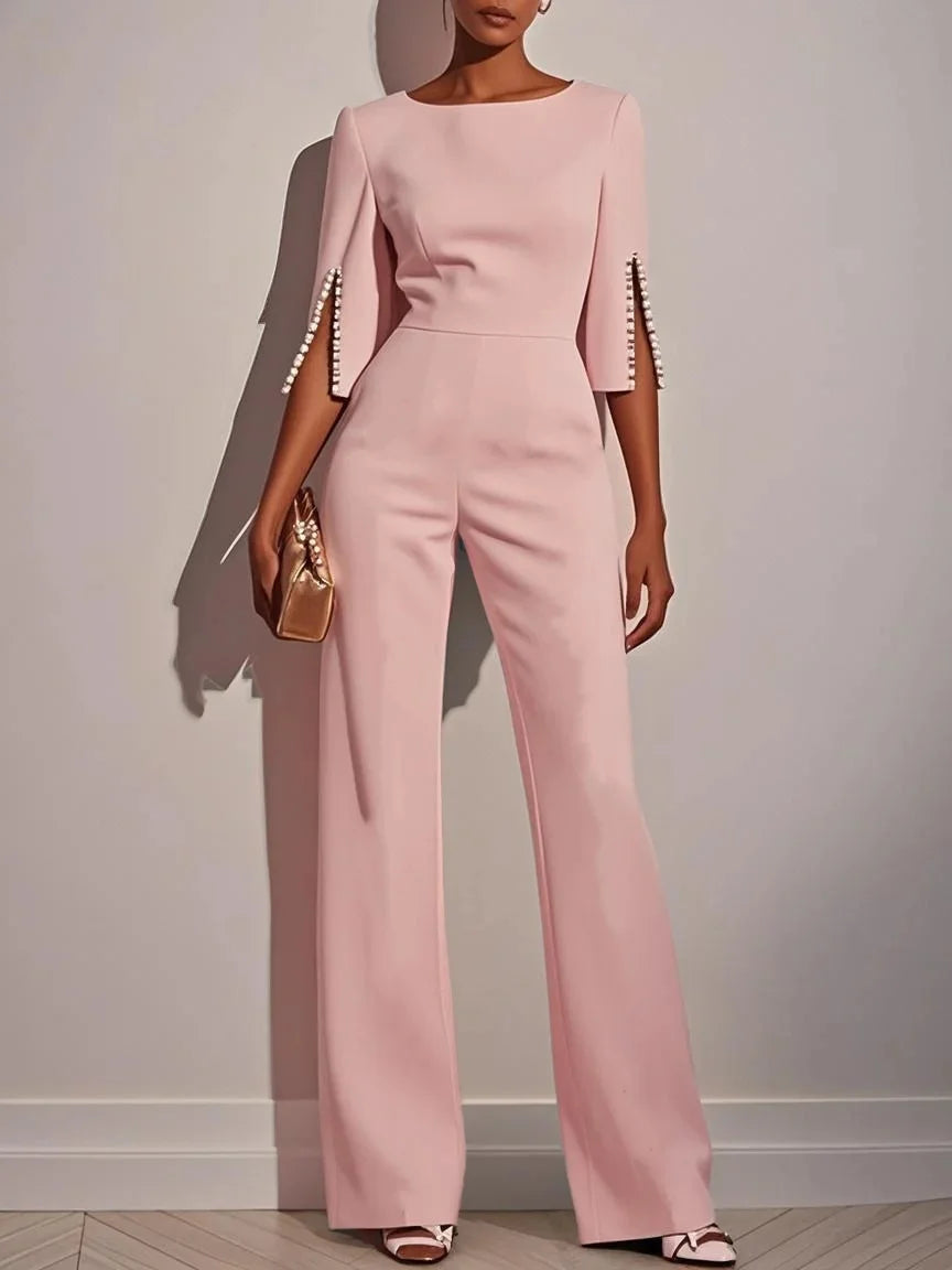 Women's Jumpsuit Casual Solid Color Length Sleeve Straight Round Neck Beaded High Waist Daily Going out Regular Fit Black Wh