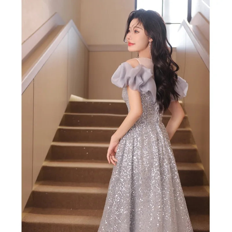 2026 Spring/Summer New Women's Sexy Glitter One Shoulder Banquet Evening Dress Fashionable Look Thin Long Back Strap Dress