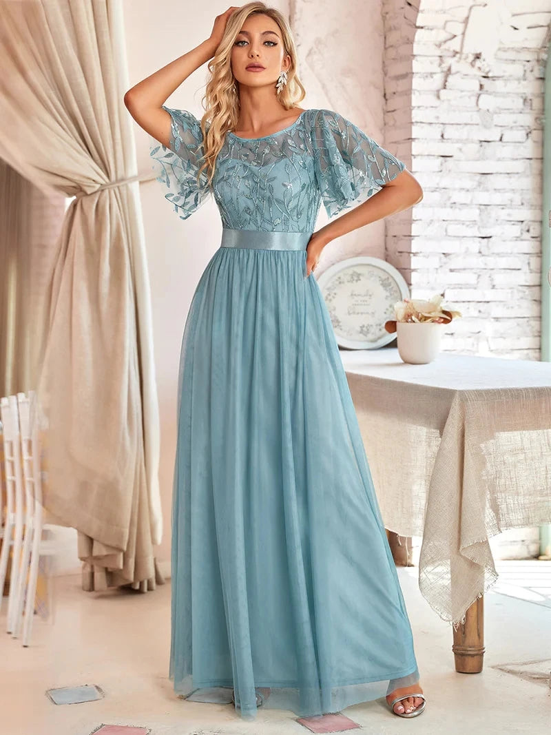 Print Maxi Long with Cap Sleeve Ever Pretty of Burgundy Gauze Prom Dresses Of Women