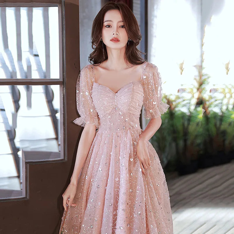Pink Evening Prom Dresses for Women Sparkling Lantern Sleeve Summer Sexy Middle Party Birthday Ball Gown Dress Formal Vestidos