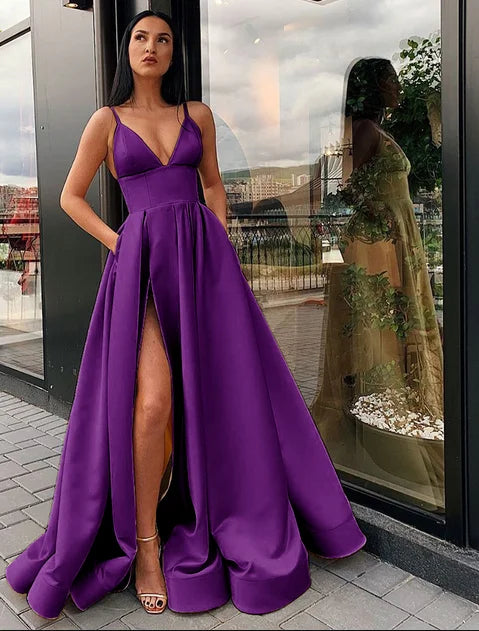 Royal Blue Satin Evening Dress Women Floor Length Suspenders High Split Bridal Formal Long Ball Gowns Trend Pageant Dress