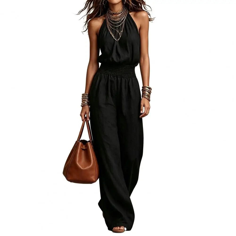 Women's Halter Neck Summer Jumpsuit Sleeveless Wide Leg Long Pants Romper High Waist One Piece Overalls