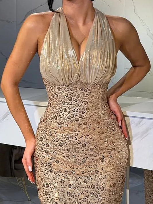 Halter Champagne Mermaid Formal Evening Gown Deep Neckline Ruched Bodice Full Sequined Robes De Soirée