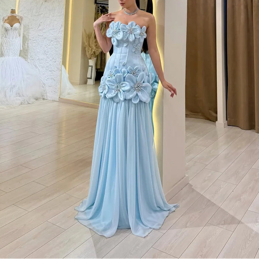 Sky Blue Flower Sleeveless Fishtail Elegant Night Dresses for Luxury Party Evening Dresses for a Wedding