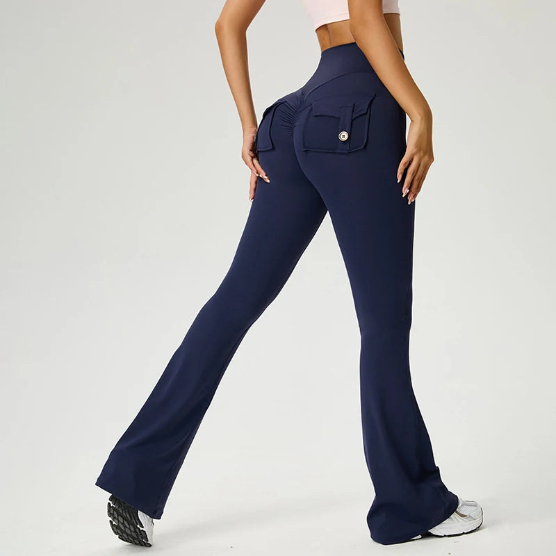 Yoga Pants Pocket Back Flare Leggings Sports Fitness High Waisted Scrunch Leggings Workout Trousers Gym Woman Clothing