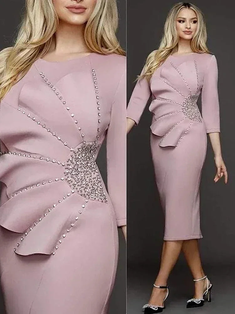 Women's Beads Evening Dresses O-Neck Tea-Length Straight Elegant Prom Party Gala Special Events Wedding