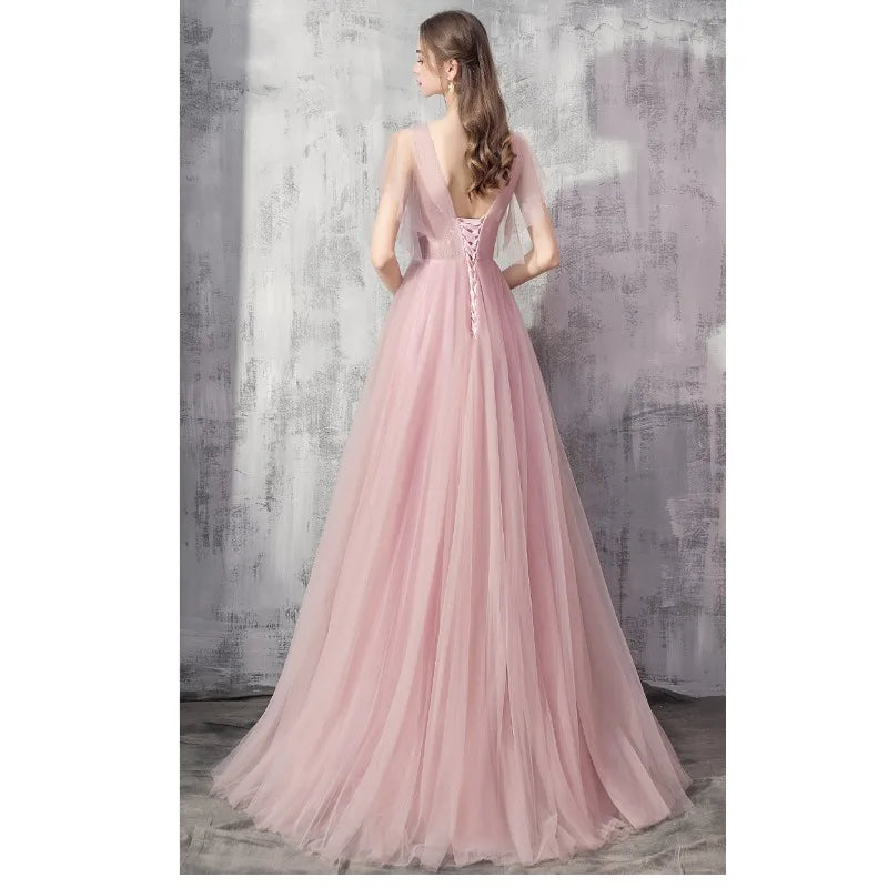 2026 Summer New Women's Banquet Pink Evening Dress Fashionable Look Slimming and Skinny Bareback Long Mesh
