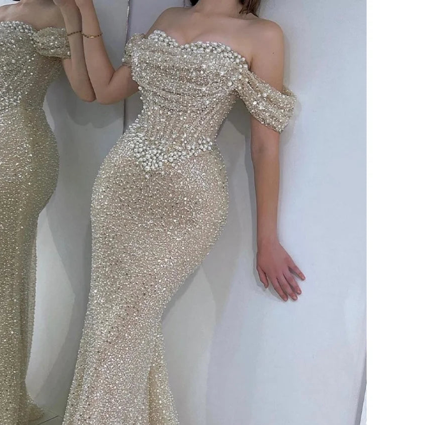 Bead String Off the Shoulder Mermaid robes de soirée Floor-Length Draped Party Evening Dresses  Wedding