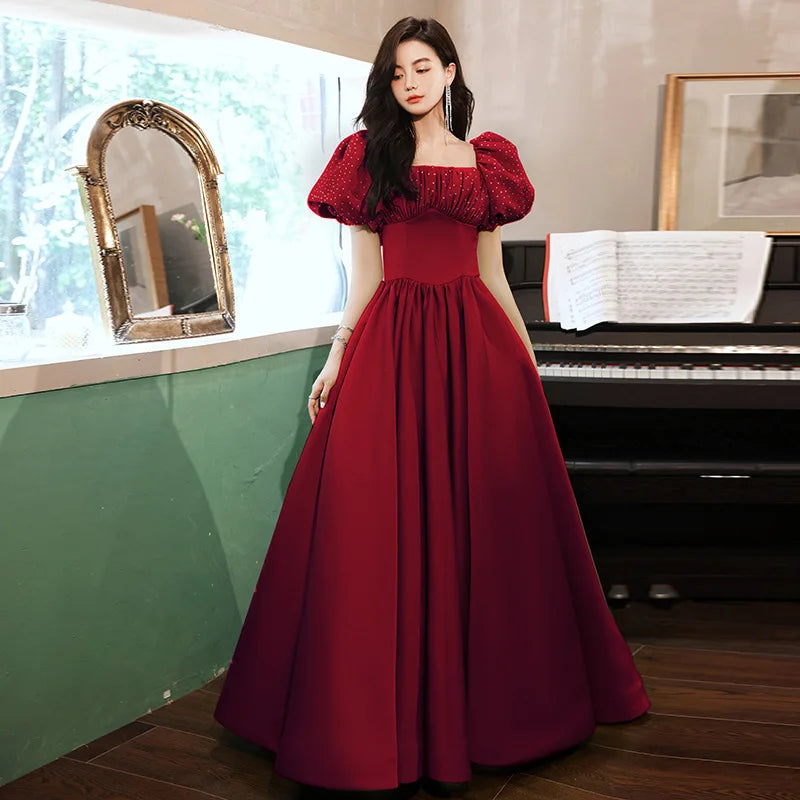 Red Satin Evening Prom Dresses for Women Summer Elegant Sexy Puff Sleeve Long Formal Party Ball Gown Dress Show Host Vestidos