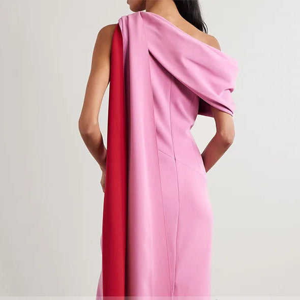 Women One Shoulder Column Midi Cocktail Gowns Tea Length Draped Sheath Formal Party Dress