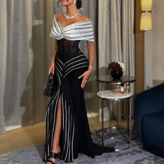 Black and White Formal Evening Gown with Off-the-Shoulder Neckline, Striped Pattern, Corset Bodice and Mermaid for Events