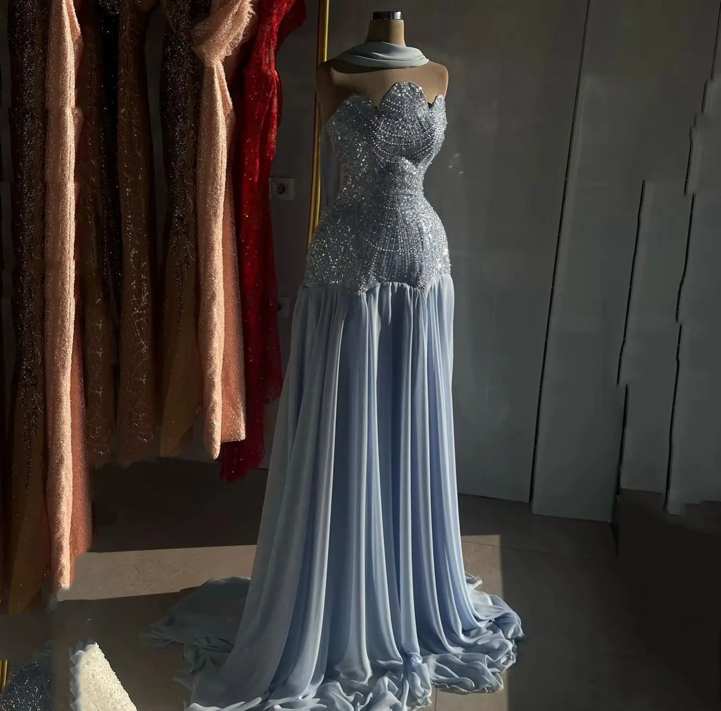 Women's Evening Dress Blue Prom Dresses for Special Occasions Beads A-line Party