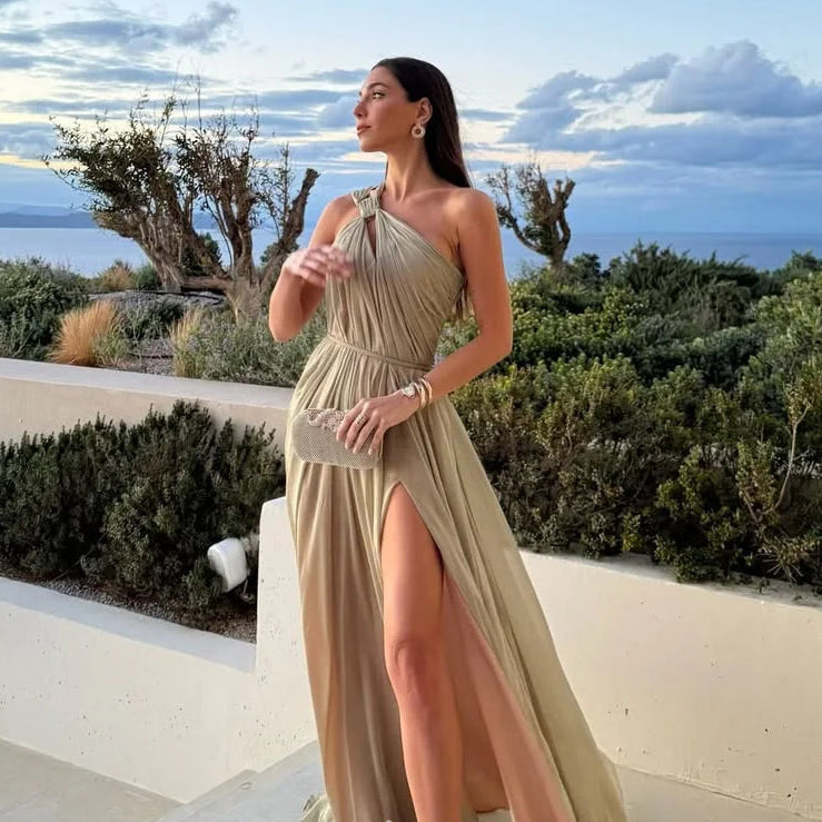 One Shoulder A Line Prom Gowns Backless Pleated Party Gown Side Slit Floor Length Evening Dress Customized